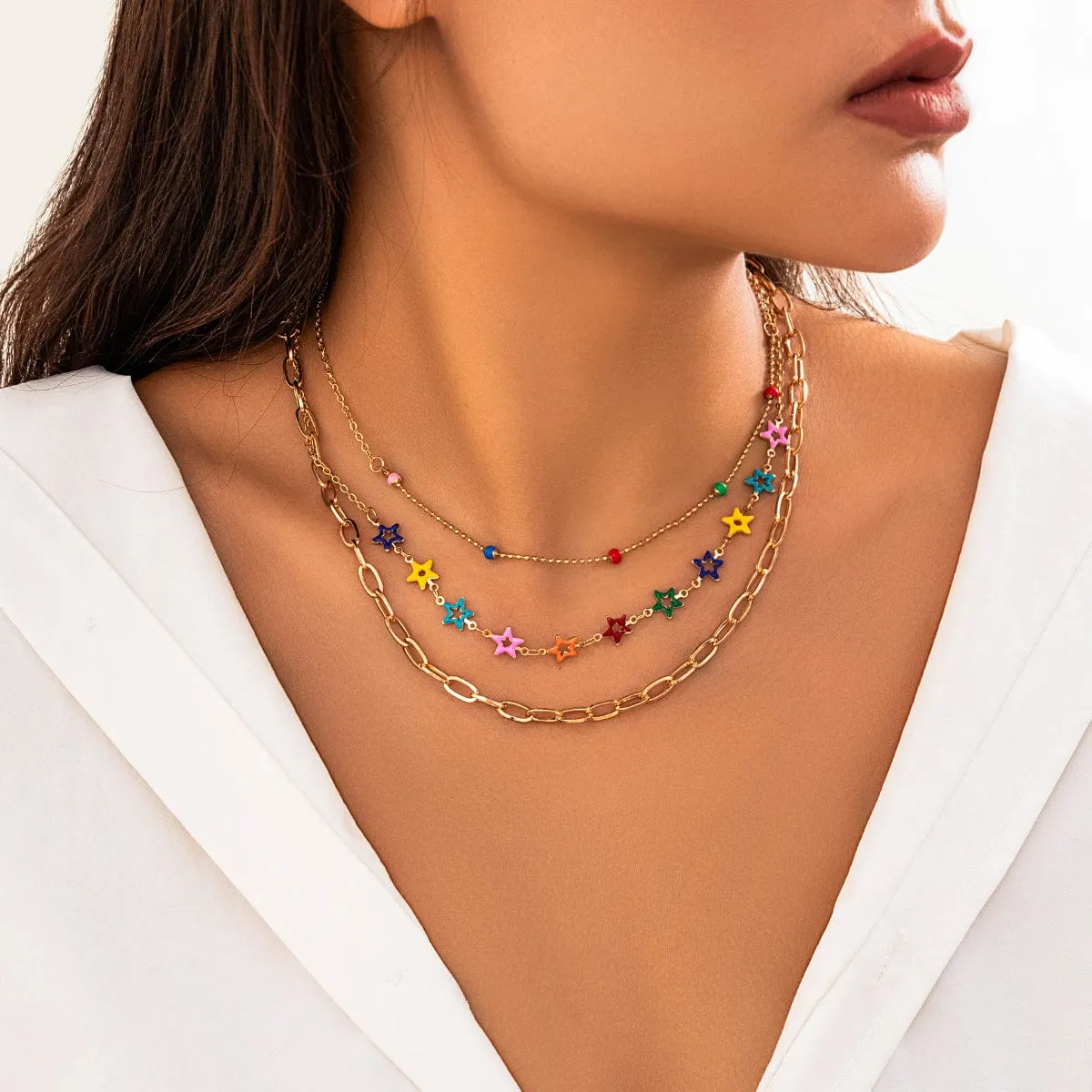 Chic Layered Colorful Enamel Star Chain Choker Necklace Set