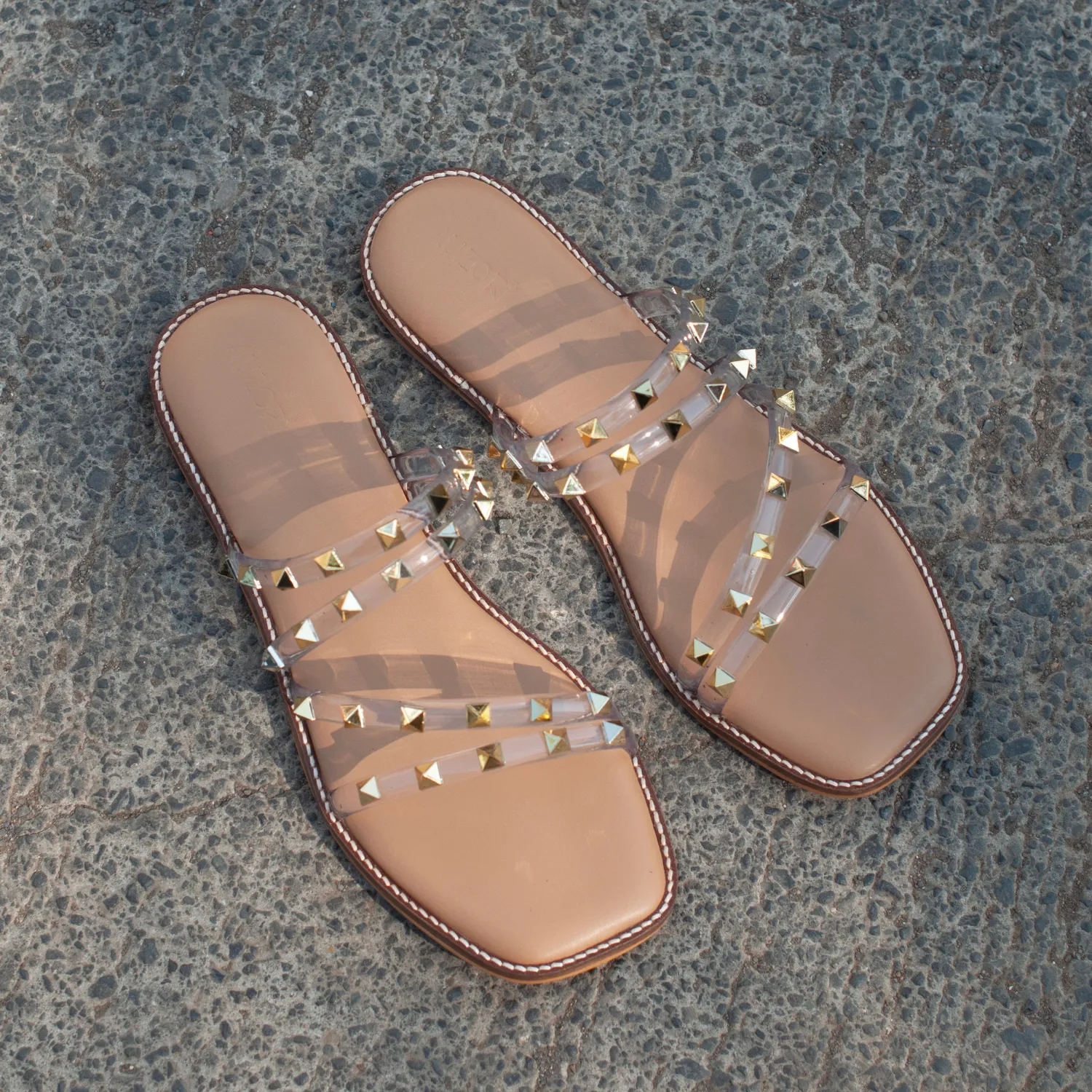 Clear Strap Gold Studded Flats