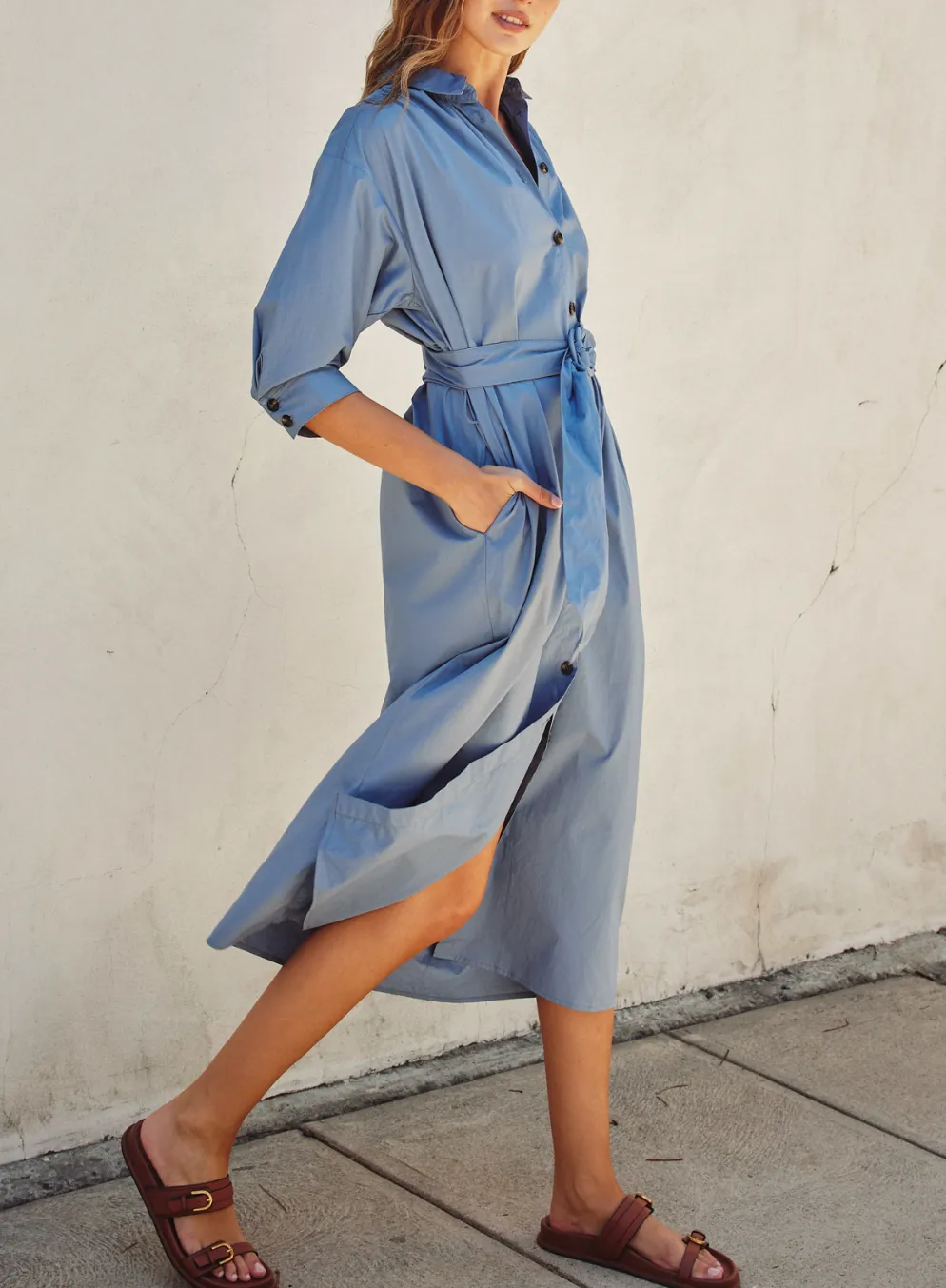 Cotton Poplin Buckled Belt Shirt Dress