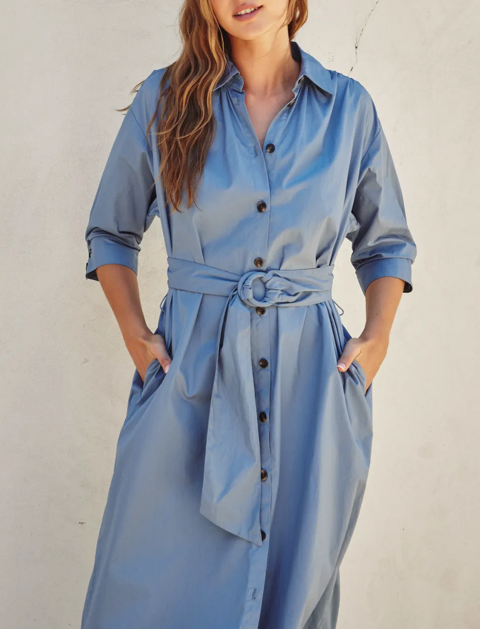Cotton Poplin Buckled Belt Shirt Dress