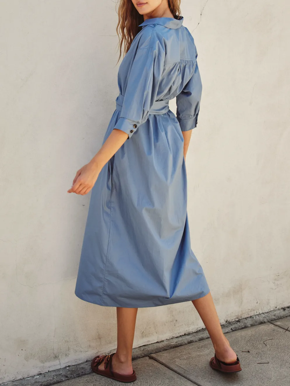 Cotton Poplin Buckled Belt Shirt Dress