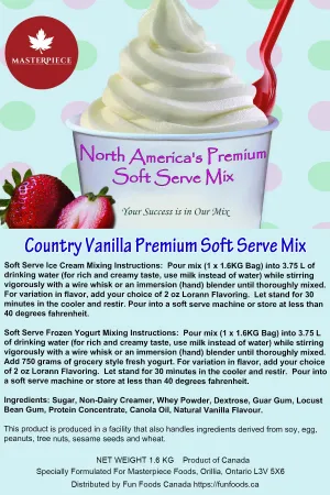 Country Vanilla Premium 3-in-1 Soft Serve Mix - 3.5 Lbs Bag - Case (12 x 3.5lb Bags) - Masterpiece Foods - Made in Canada