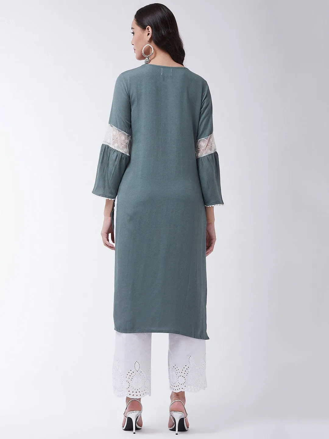 Dark Grey Schiffli Chikan Work Kurta Set