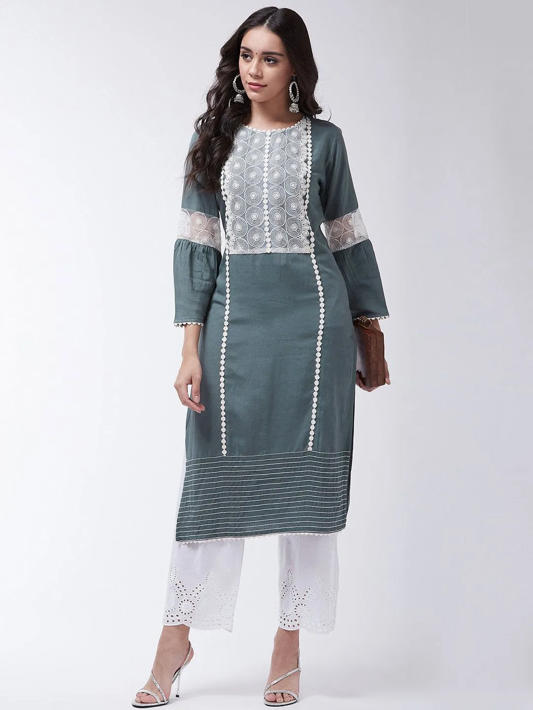 Dark Grey Schiffli Chikan Work Kurta Set