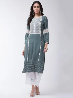 Dark Grey Schiffli Chikan Work Kurta Set