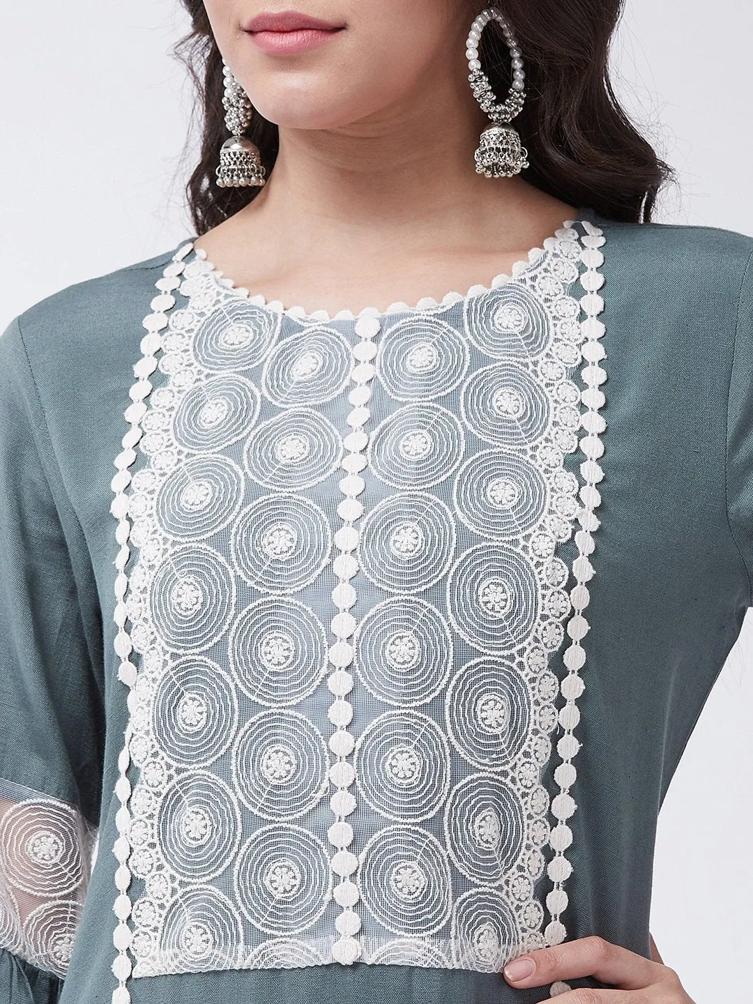 Dark Grey Schiffli Chikan Work Kurta Set