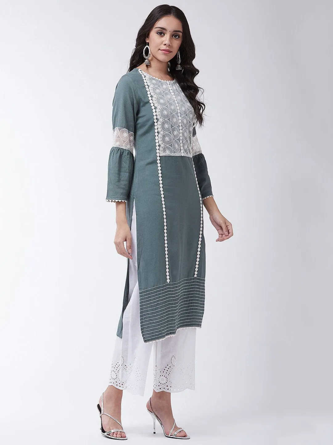 Dark Grey Schiffli Chikan Work Kurta Set