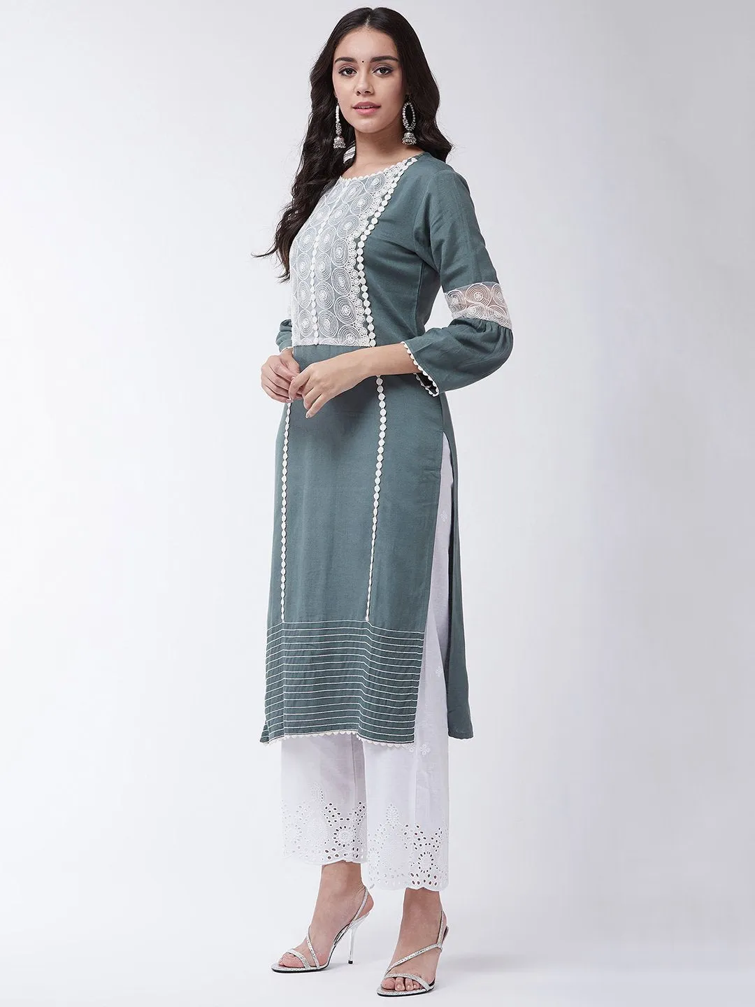 Dark Grey Schiffli Chikan Work Kurta Set