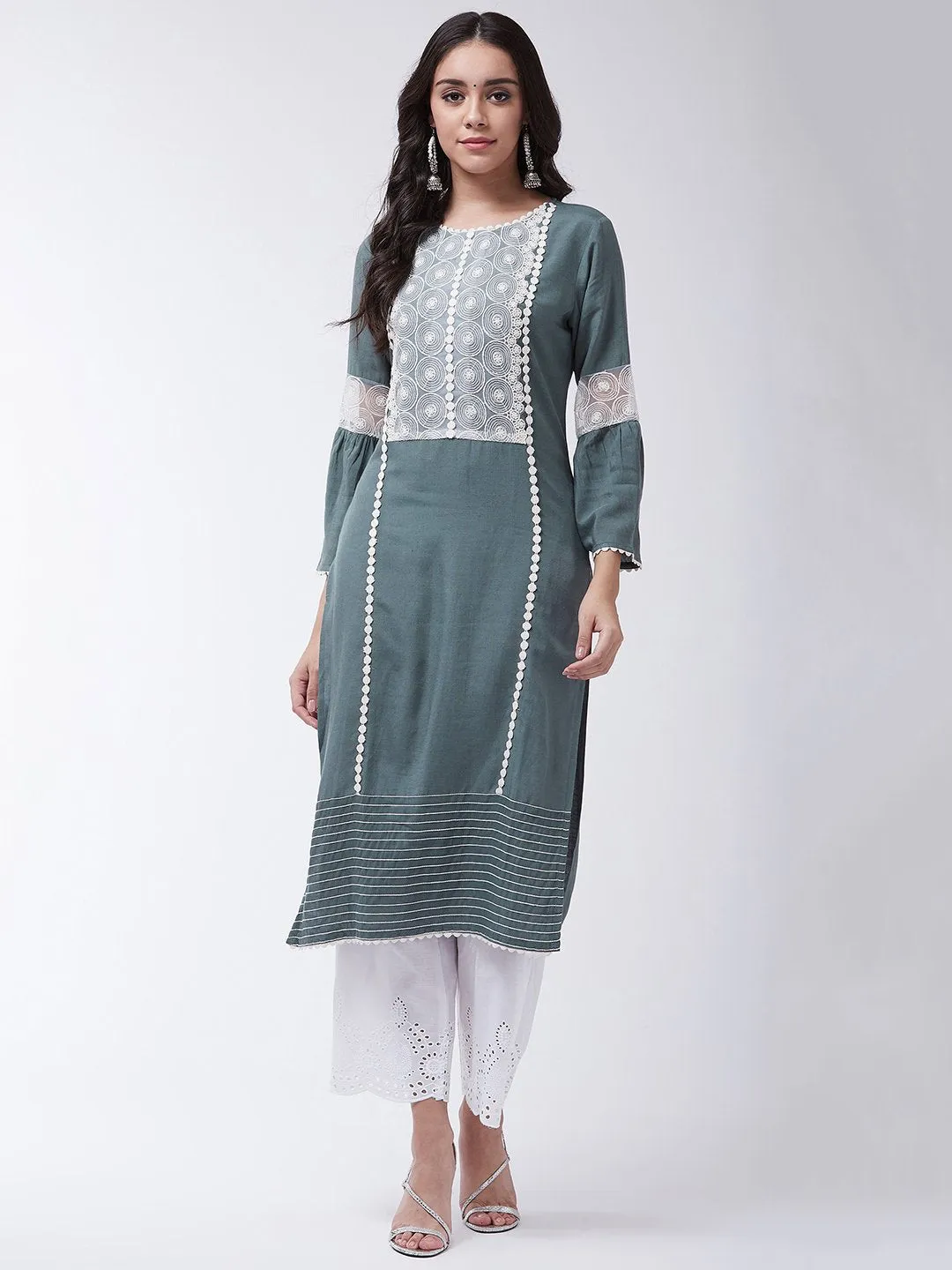 Dark Grey Schiffli Chikan Work Kurta Set