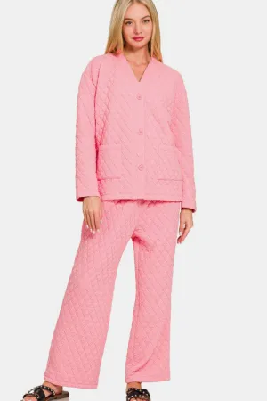 Dark Pink Quilted Button Up Long Sleeve Top and Pants Lounge Set