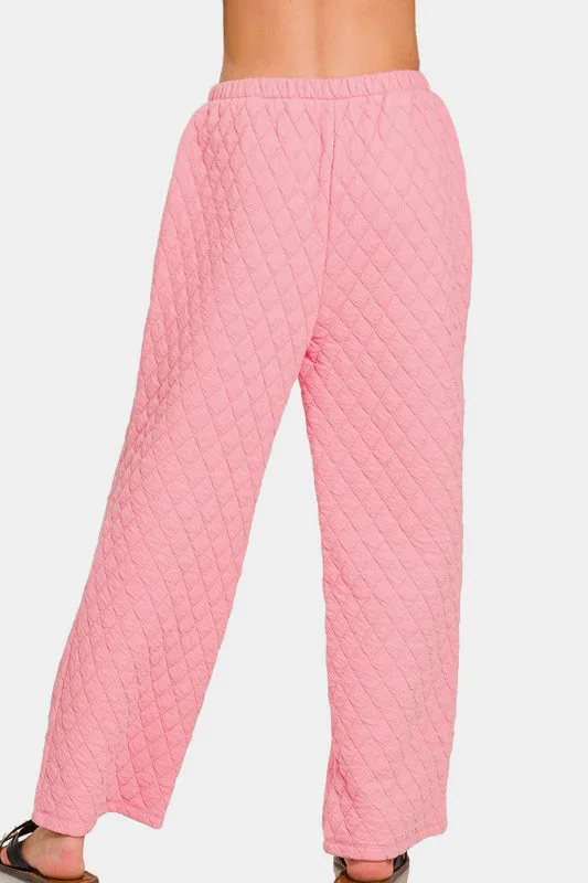 Dark Pink Quilted Button Up Long Sleeve Top and Pants Lounge Set