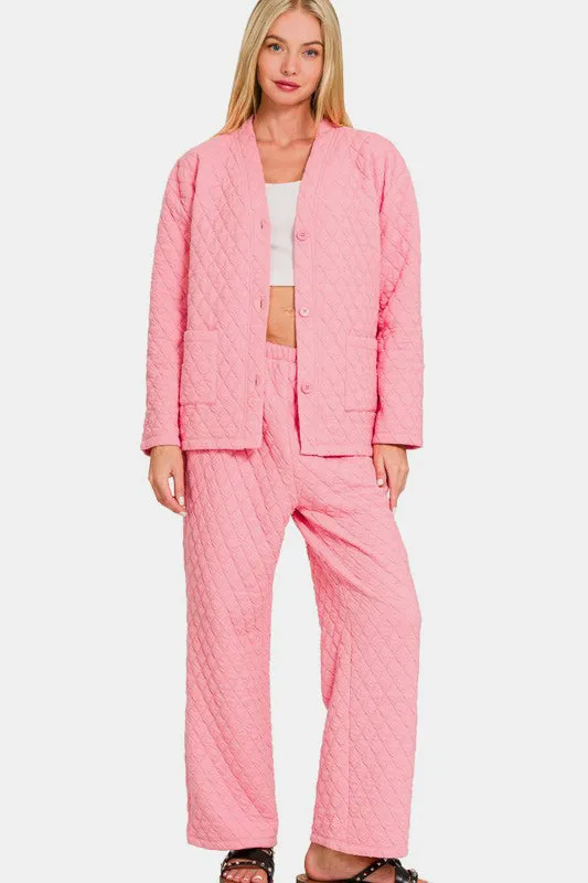 Dark Pink Quilted Button Up Long Sleeve Top and Pants Lounge Set