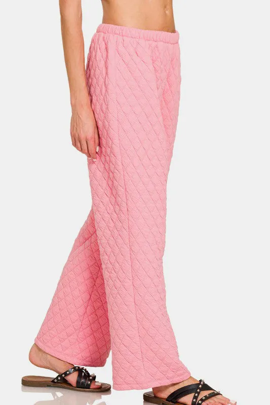 Dark Pink Quilted Button Up Long Sleeve Top and Pants Lounge Set