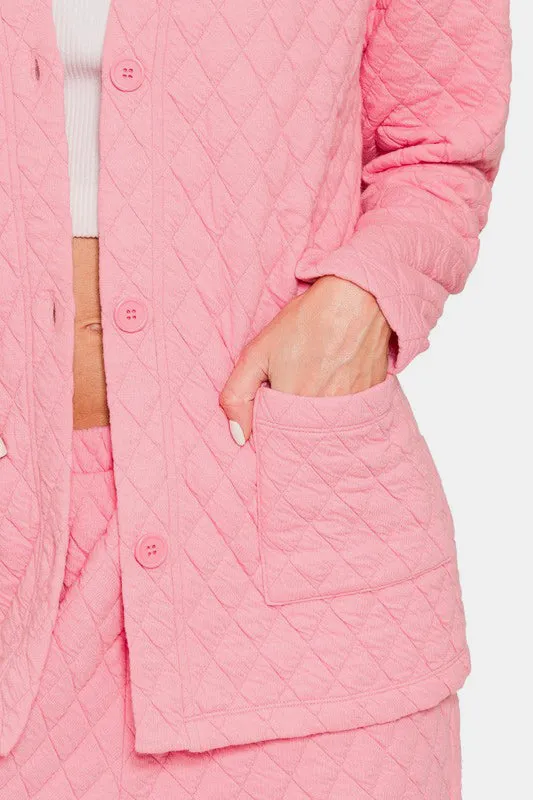 Dark Pink Quilted Button Up Long Sleeve Top and Pants Lounge Set