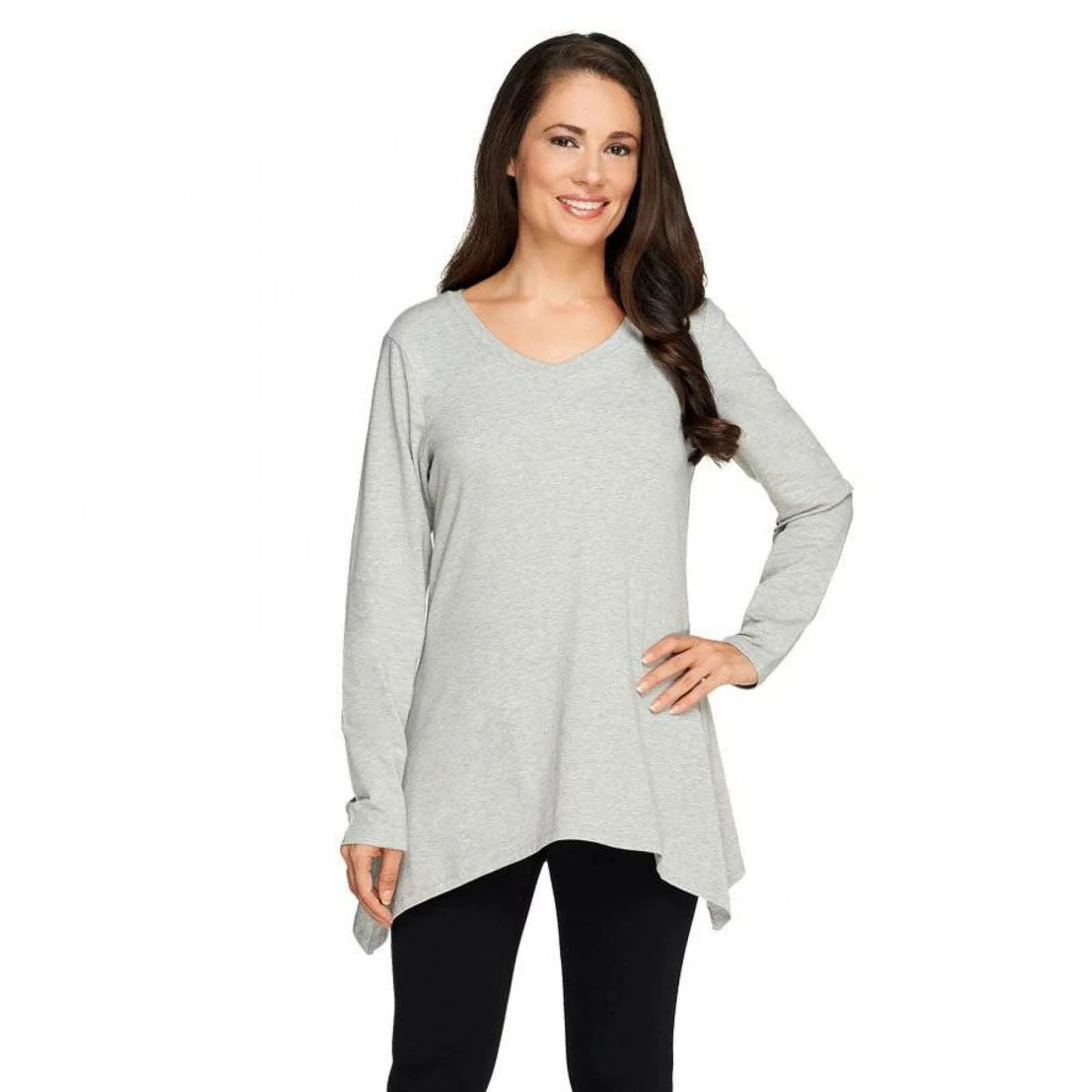 Denim & Co. Women's Perfect Jersey Long Sleeve V-Neck Trapeze Hem Top