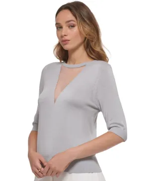 DKNY Women's Mesh V-Split Crewneck Elbow-Sleeve Sweater P2JSAXA5