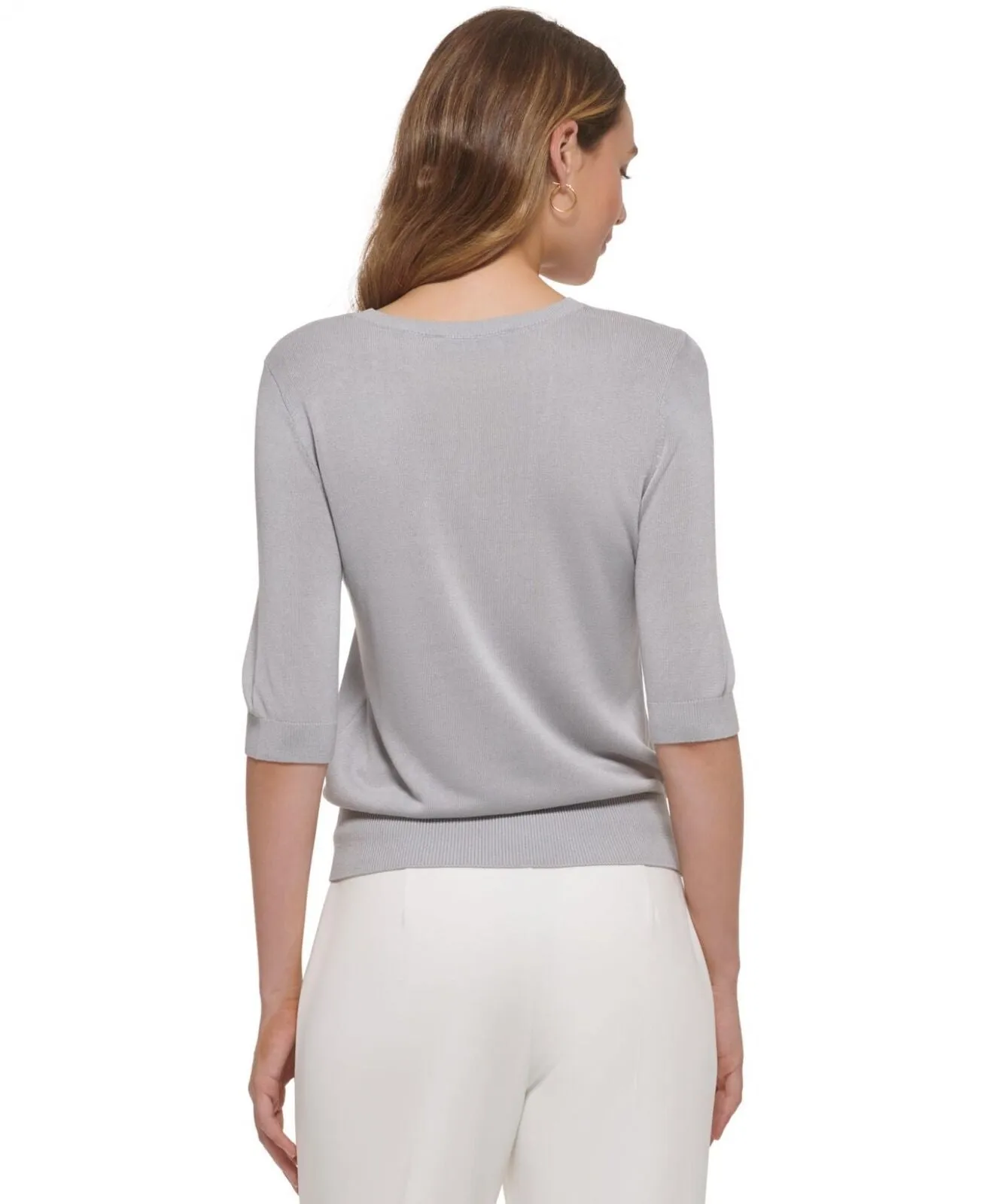 DKNY Women's Mesh V-Split Crewneck Elbow-Sleeve Sweater P2JSAXA5