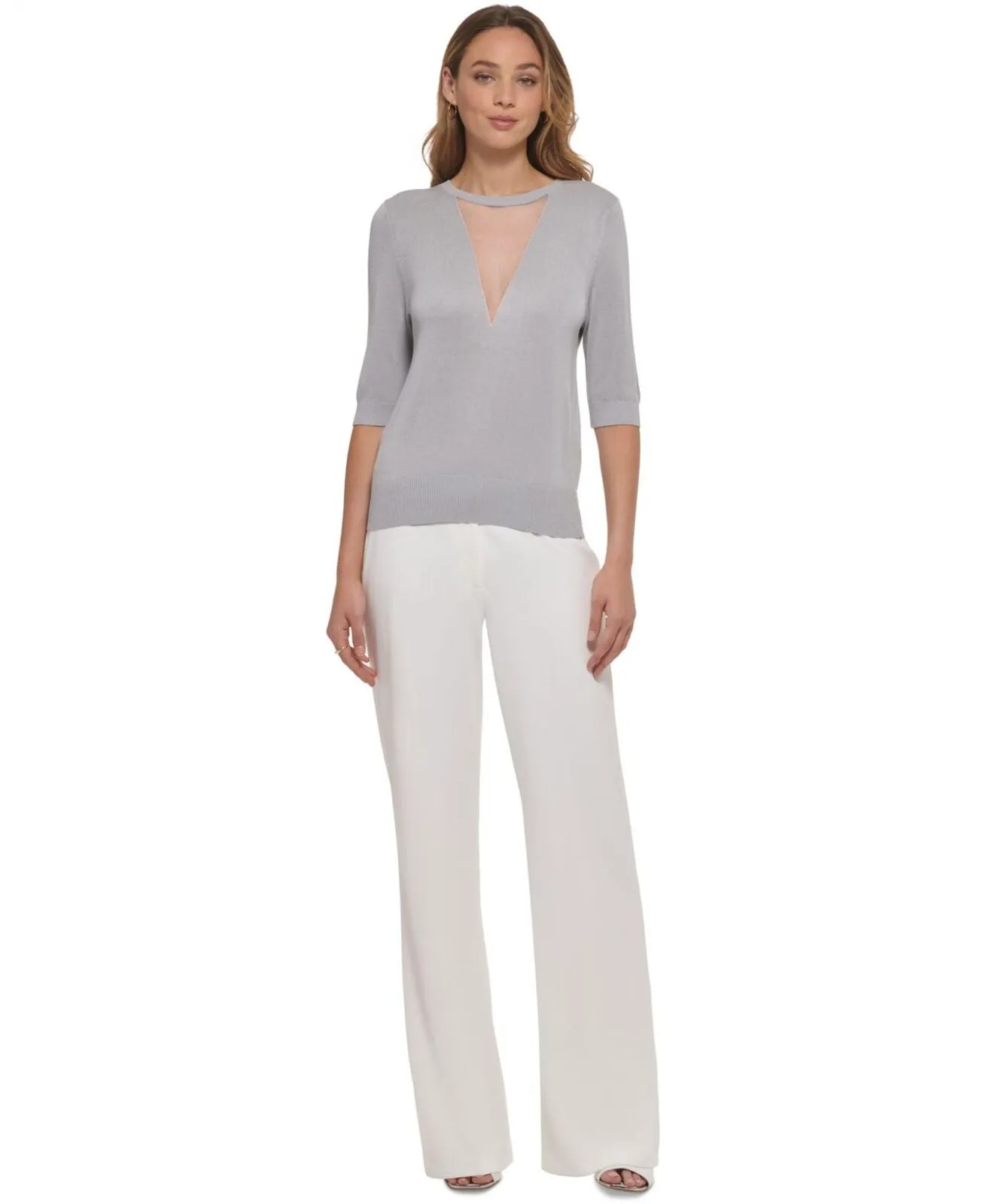 DKNY Women's Mesh V-Split Crewneck Elbow-Sleeve Sweater P2JSAXA5