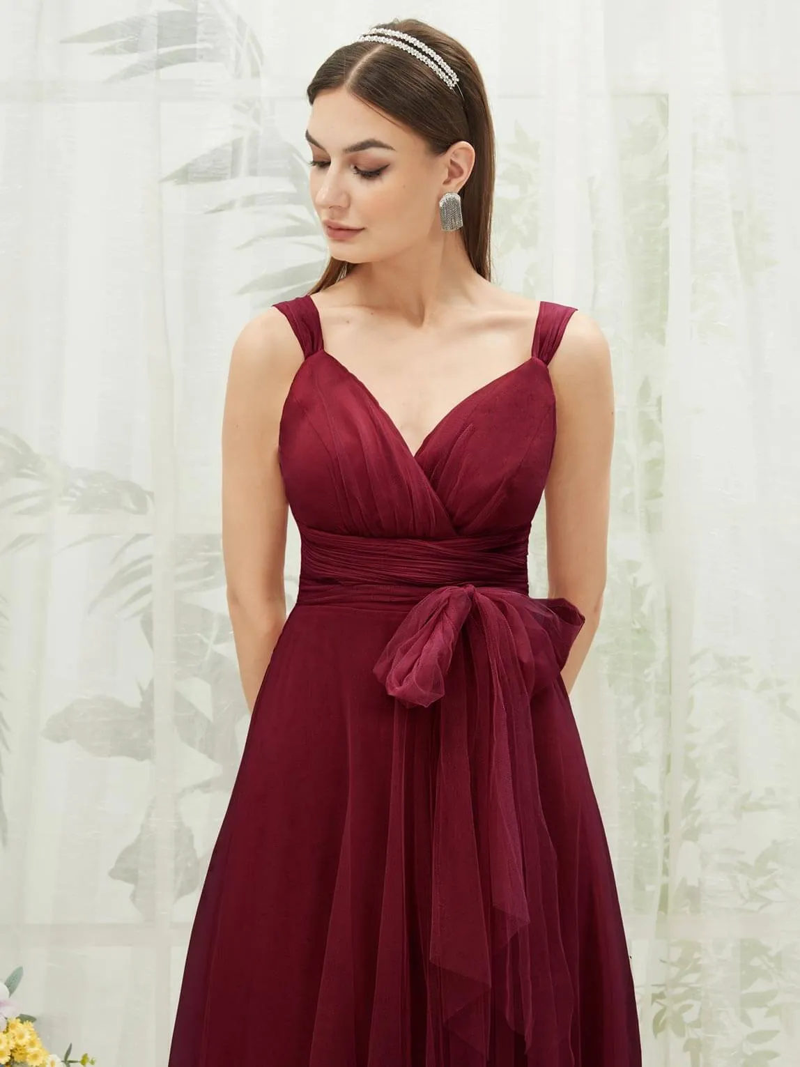 [Final Sale] Burgundy Sleeveless V-Neck Tulle Maxi Bridesmaid Dress Evening Gown
