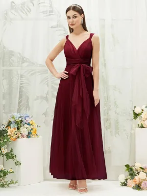 [Final Sale] Burgundy Sleeveless V-Neck Tulle Maxi Bridesmaid Dress Evening Gown
