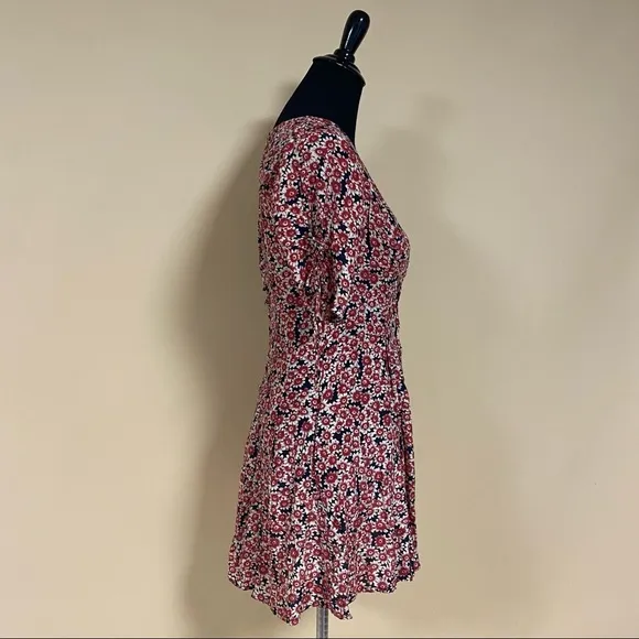 Free People Laced Up Corset Mid Sleeve Floral Mini Dress in Black Combo Size S
