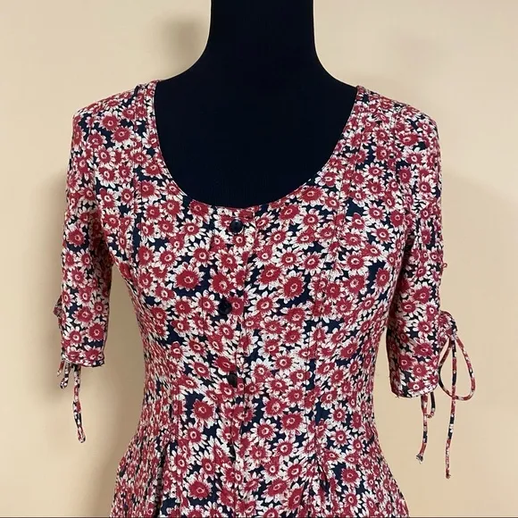 Free People Laced Up Corset Mid Sleeve Floral Mini Dress in Black Combo Size S