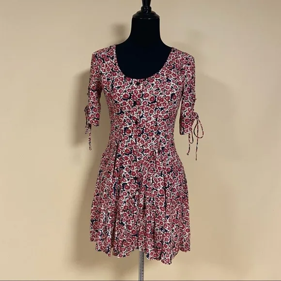 Free People Laced Up Corset Mid Sleeve Floral Mini Dress in Black Combo Size S