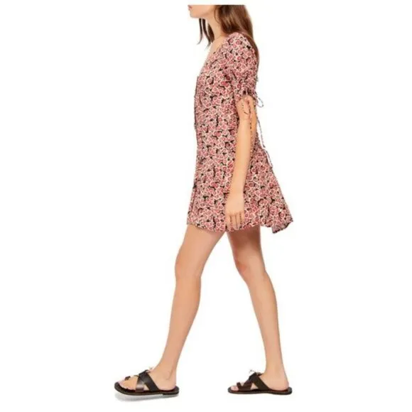 Free People Laced Up Corset Mid Sleeve Floral Mini Dress in Black Combo Size S