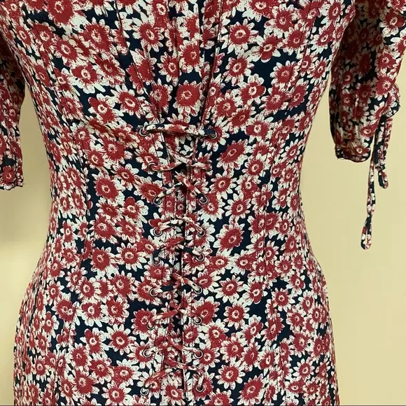 Free People Laced Up Corset Mid Sleeve Floral Mini Dress in Black Combo Size S