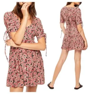 Free People Laced Up Corset Mid Sleeve Floral Mini Dress in Black Combo Size S