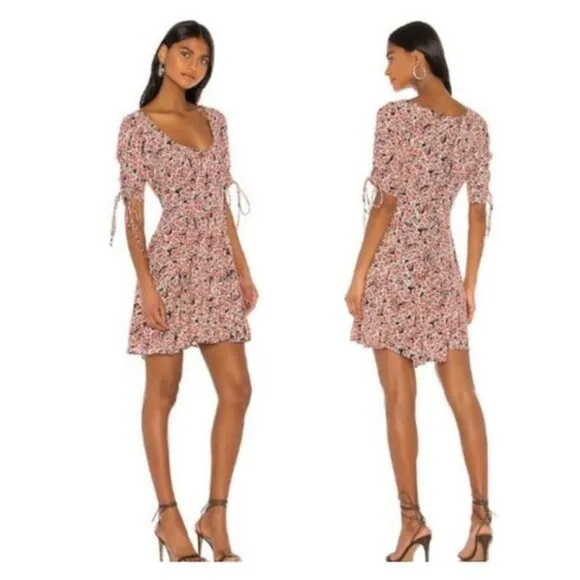 Free People Laced Up Corset Mid Sleeve Floral Mini Dress in Black Combo Size S