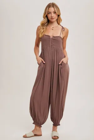 Gauze Smocked Button Front Jumpsuit