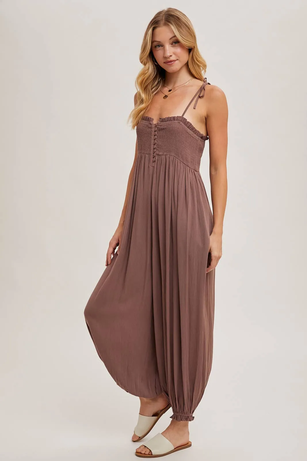 Gauze Smocked Button Front Jumpsuit