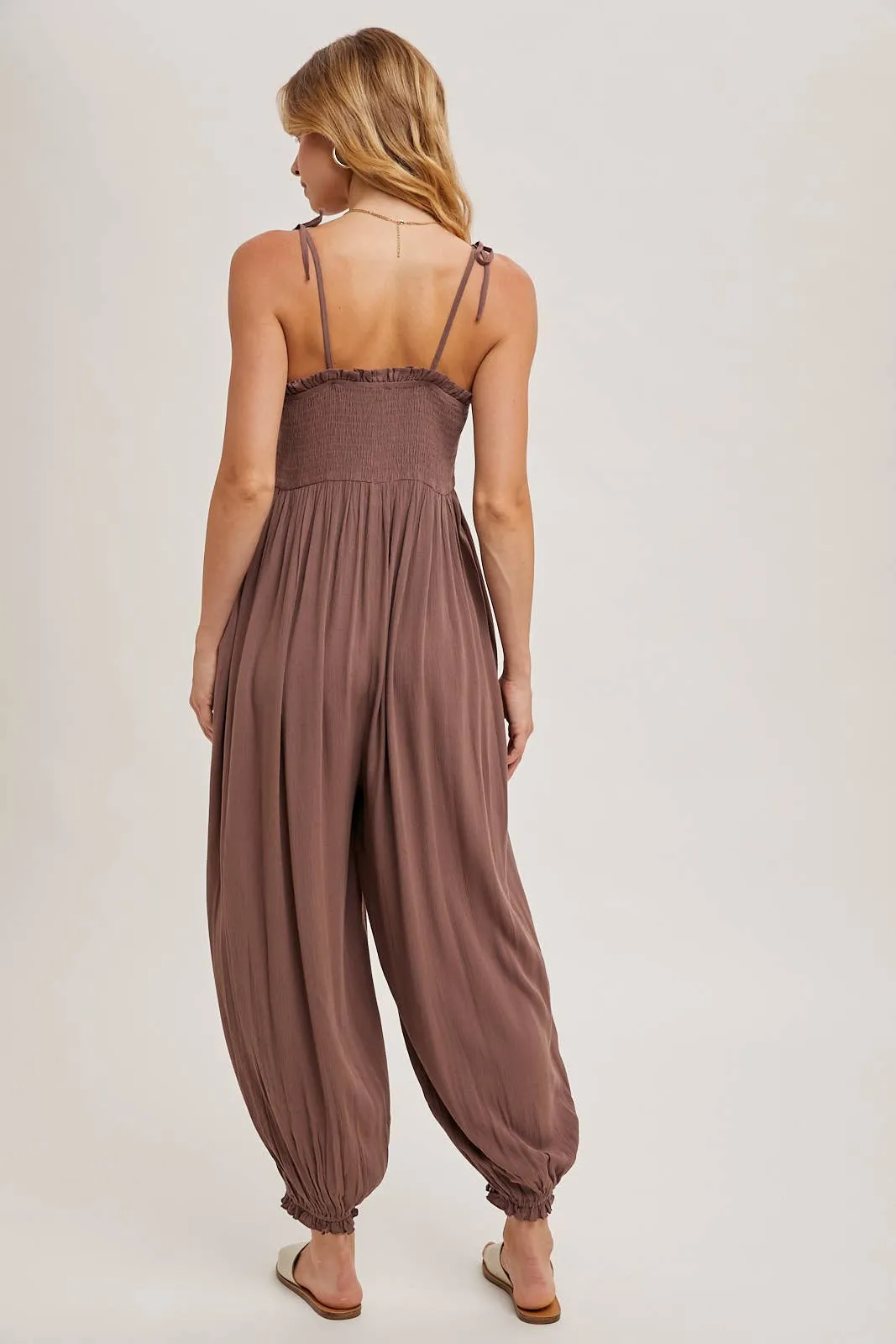 Gauze Smocked Button Front Jumpsuit