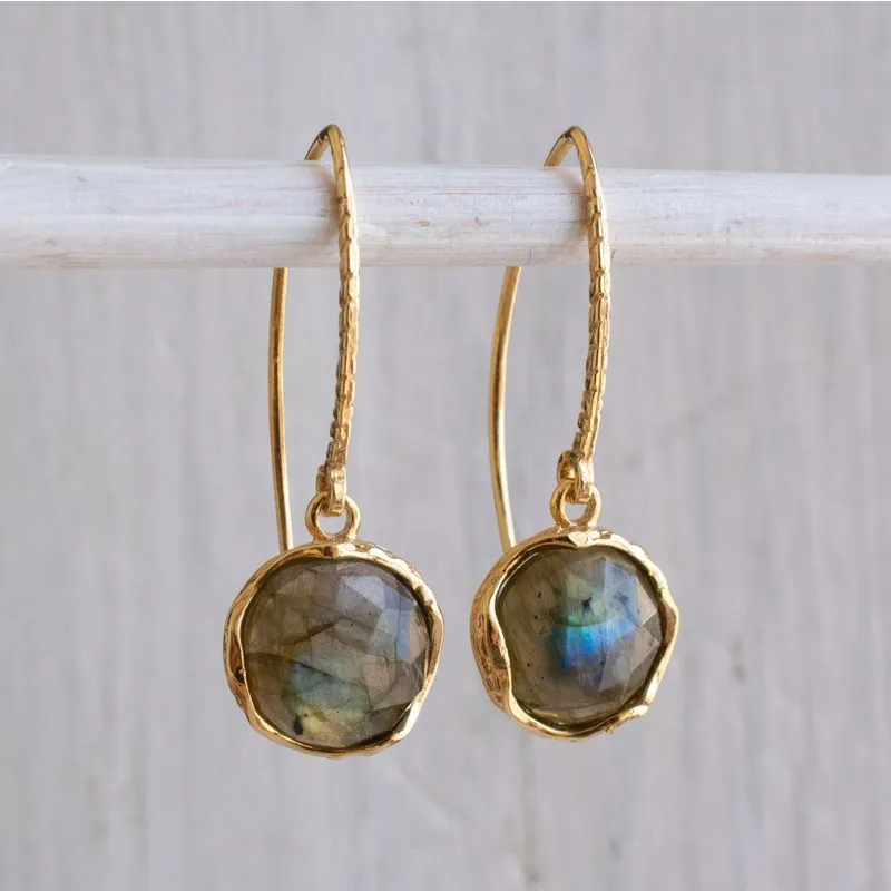 Gold Plated Round Labradorite Rose Cut 12mm Dangle Earrings