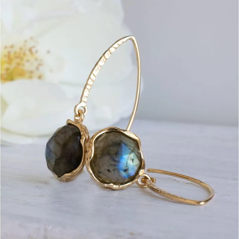 Gold Plated Round Labradorite Rose Cut 12mm Dangle Earrings
