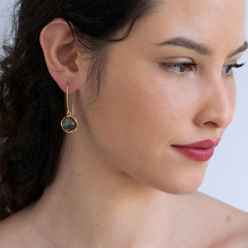 Gold Plated Round Labradorite Rose Cut 12mm Dangle Earrings