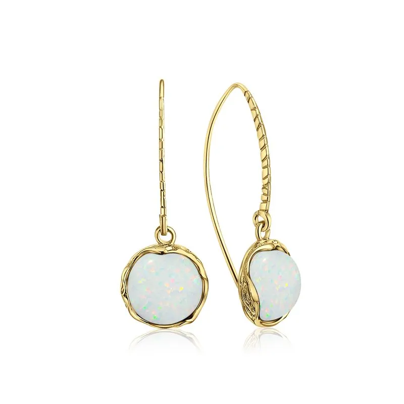 Gold Plated Round White Opal 12mm Dangle Earrings