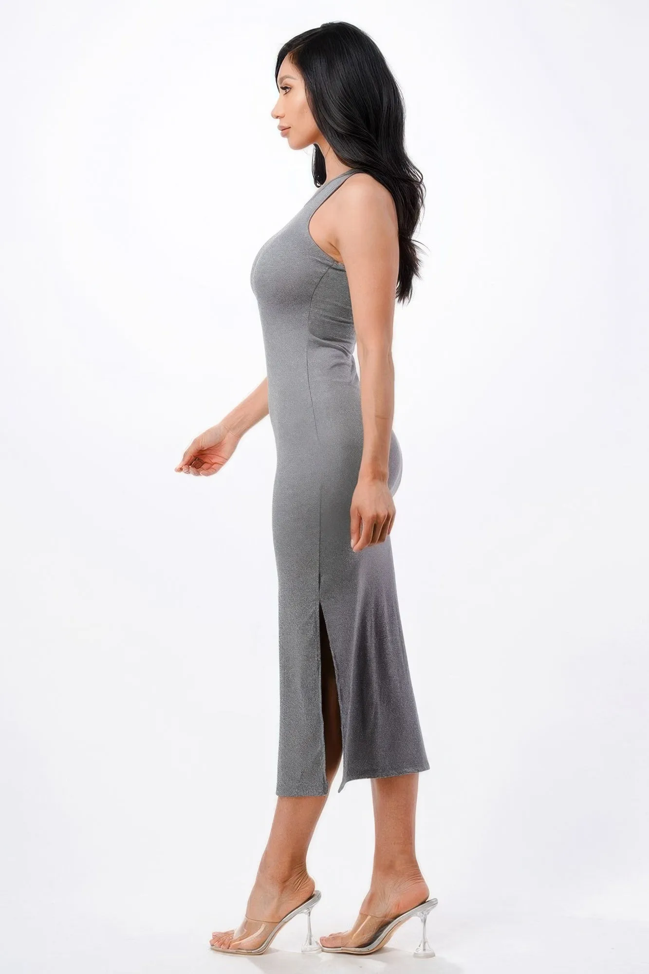 Gray High Neck Side Slit Max Dress
