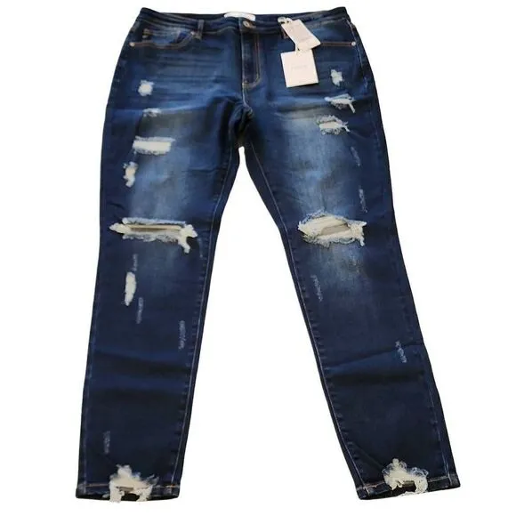 KanCan NWT Women's Size XL Distressed Dark Wash High Rise Skinny Jeans Zip Fly S