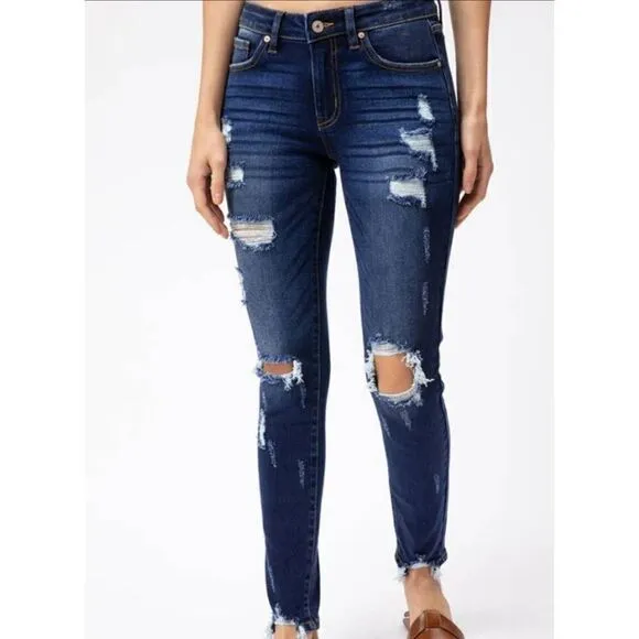 KanCan NWT Women's Size XL Distressed Dark Wash High Rise Skinny Jeans Zip Fly S