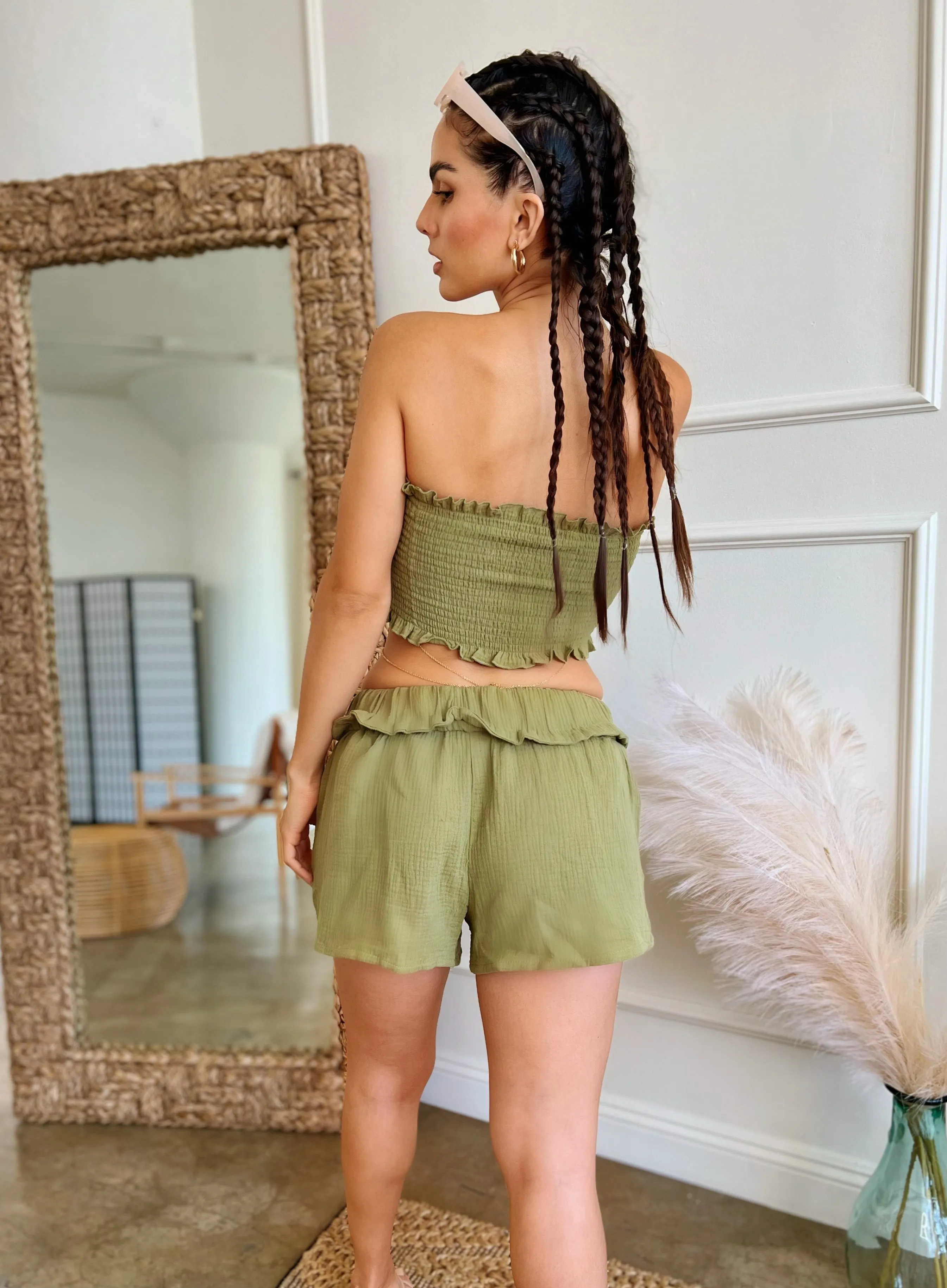 Lucia Olive Green Two Piece Crop Top & Shorts Set