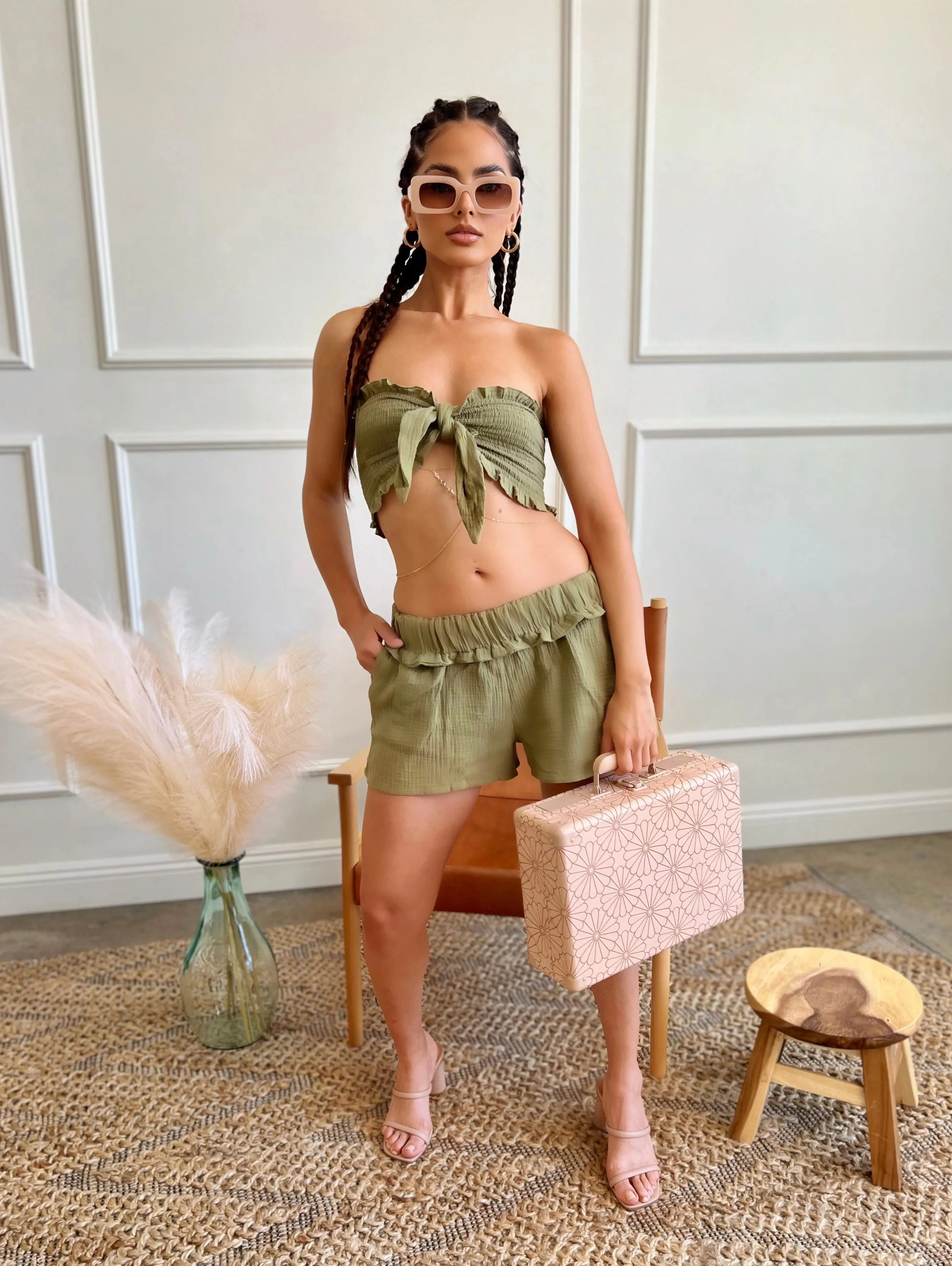 Lucia Olive Green Two Piece Crop Top & Shorts Set