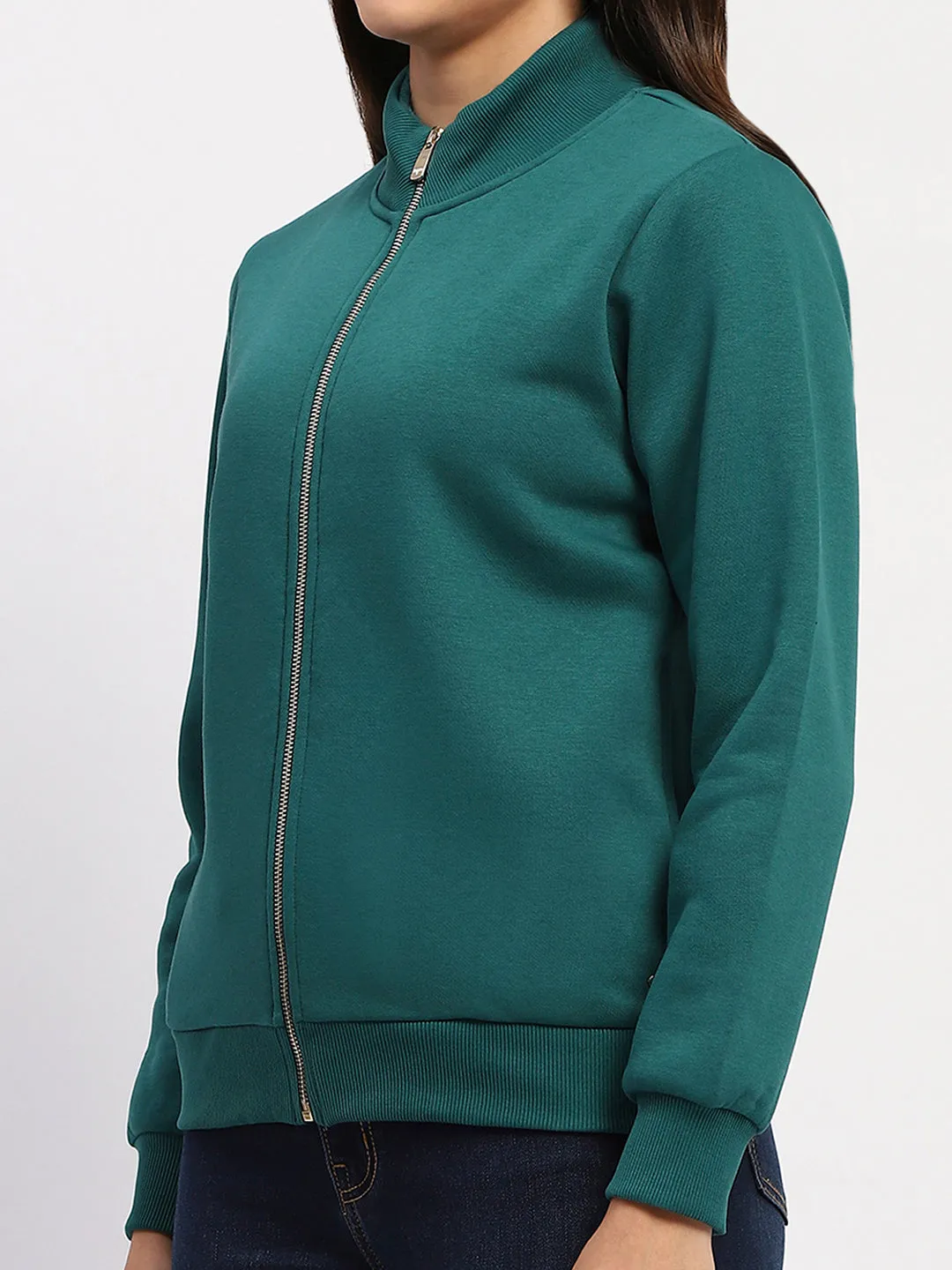 Madame Teal Grab Full-Zip Cotton High Collar Sweatshirt