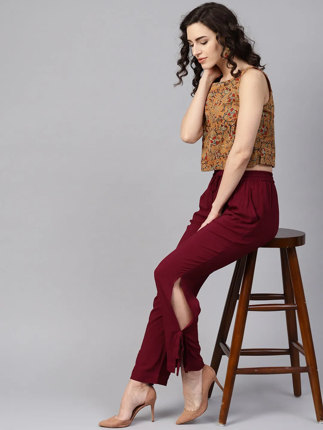 Maroon Side Bow Regular Pants