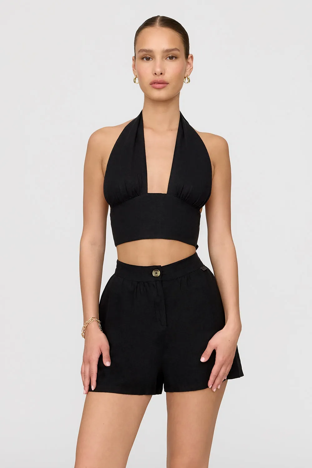 MARRAKECH LINEN BLEND TAILORED SHORTS - SHADOW BLACK