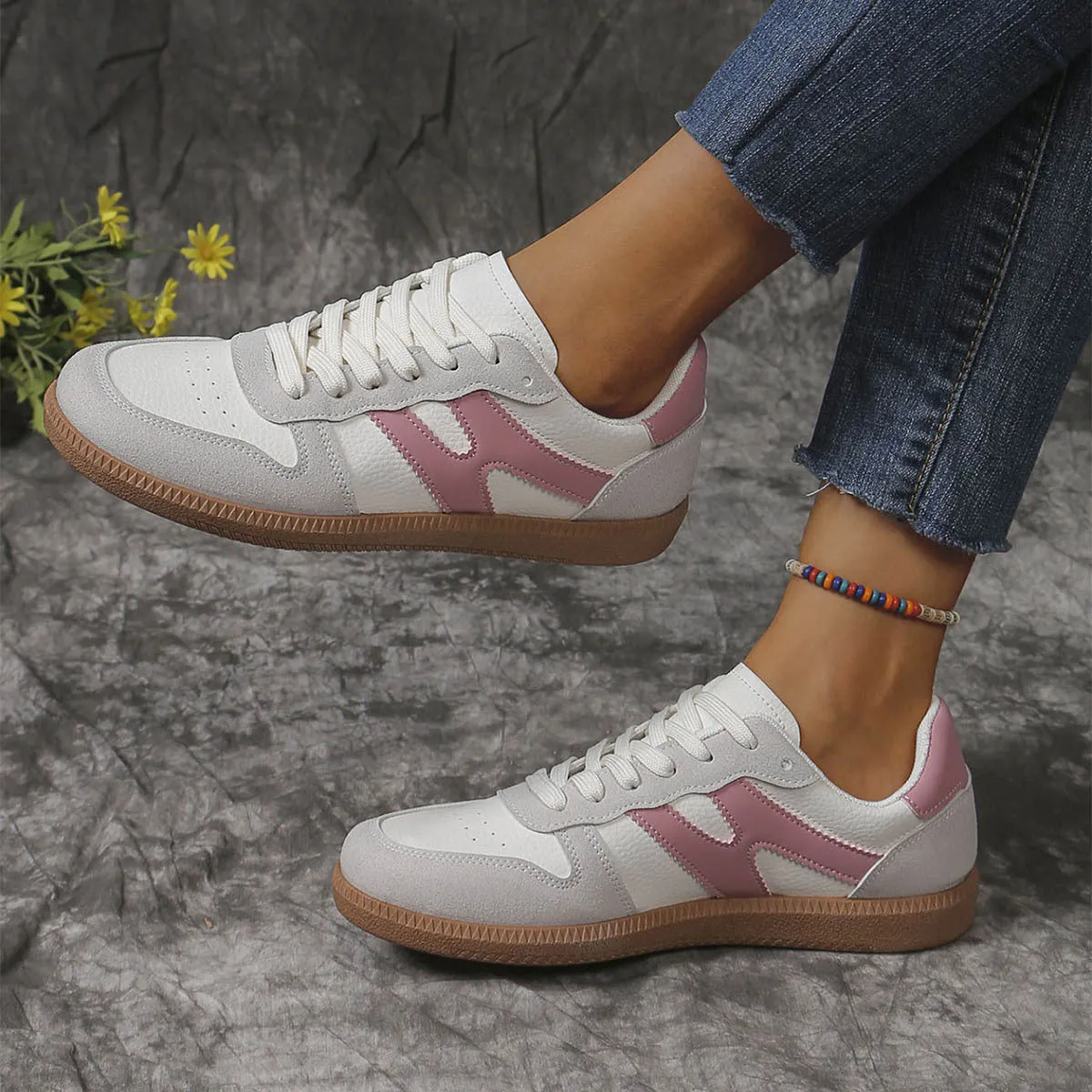 New Colorblock Lace-up Flats Shoes Fashion Round Toe