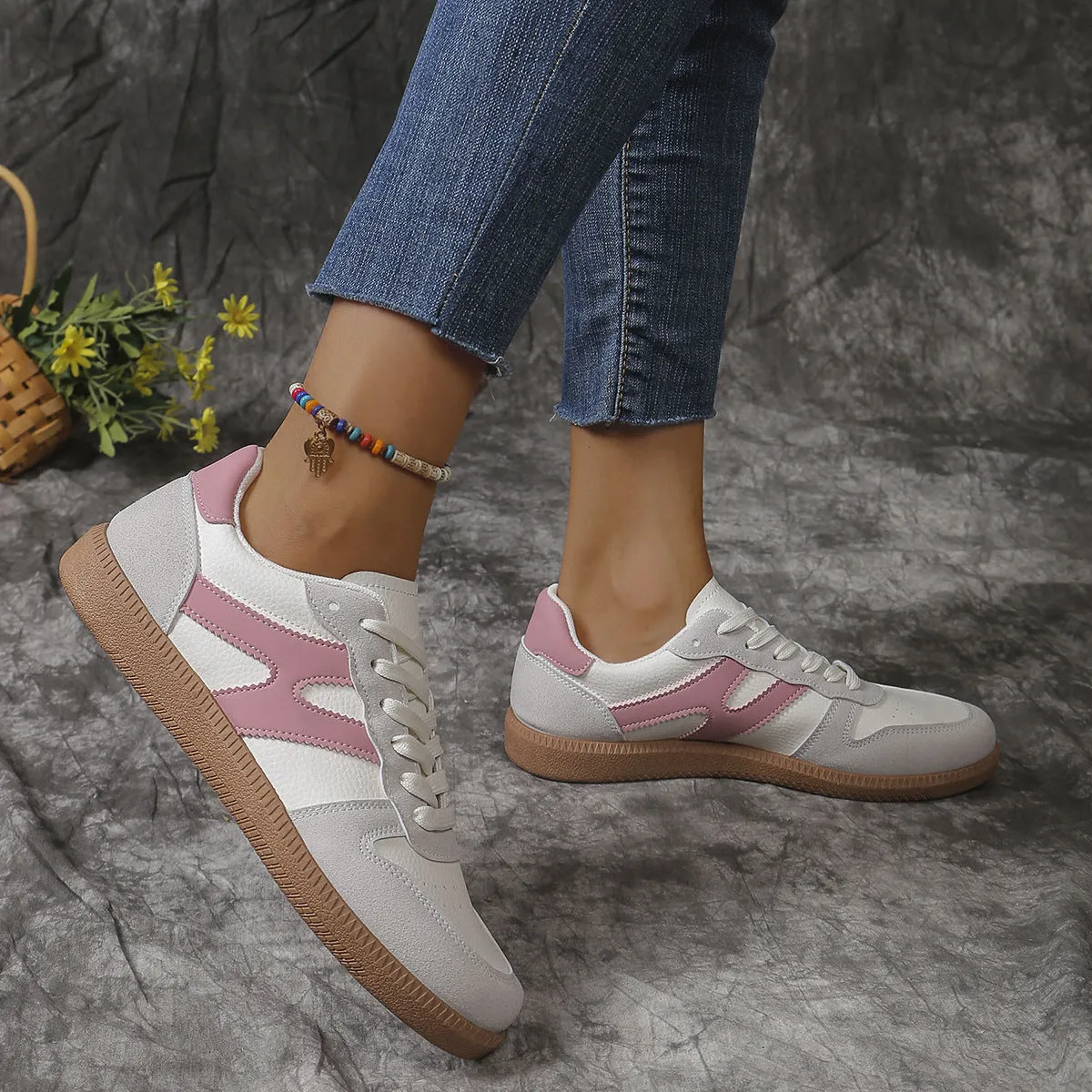 New Colorblock Lace-up Flats Shoes Fashion Round Toe