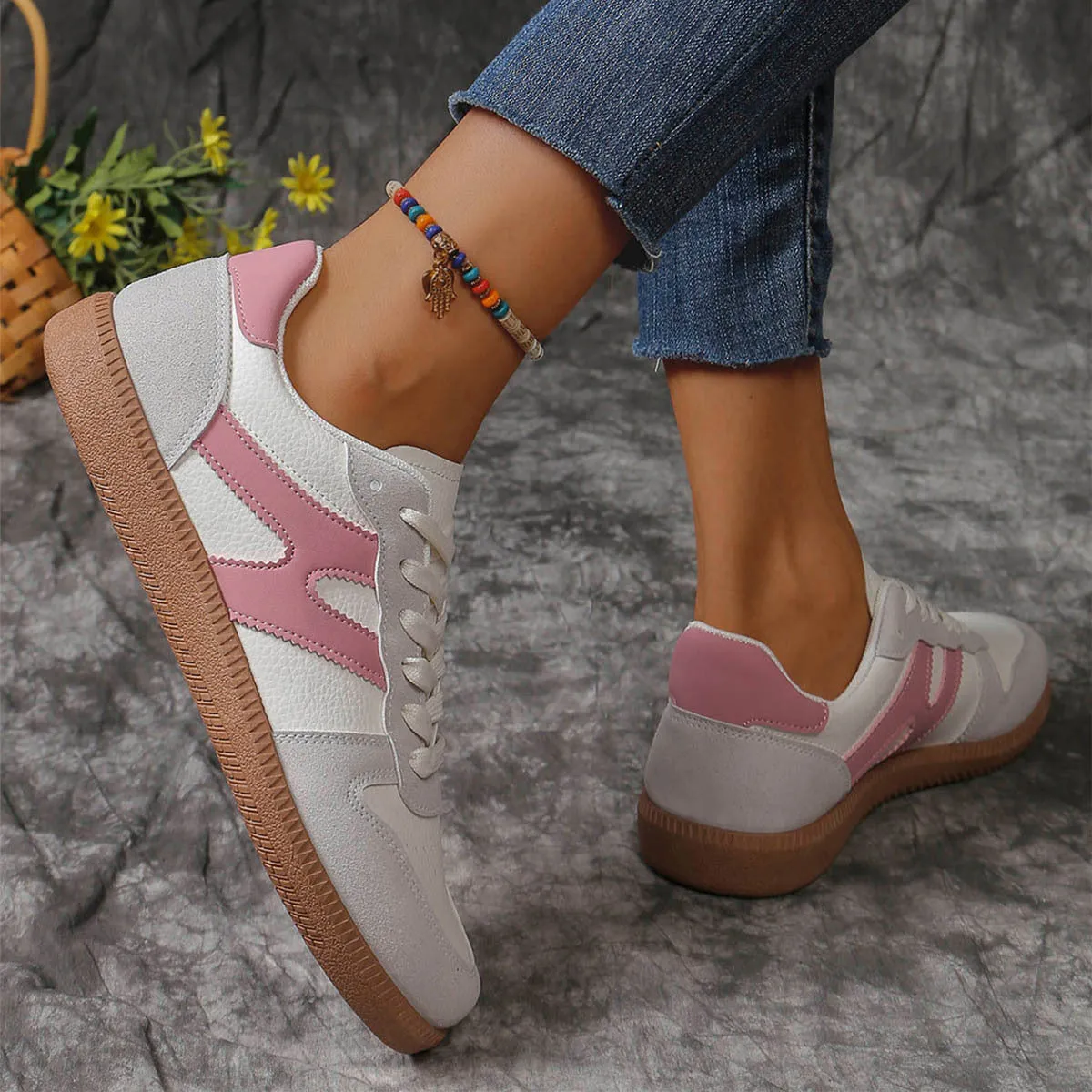 New Colorblock Lace-up Flats Shoes Fashion Round Toe
