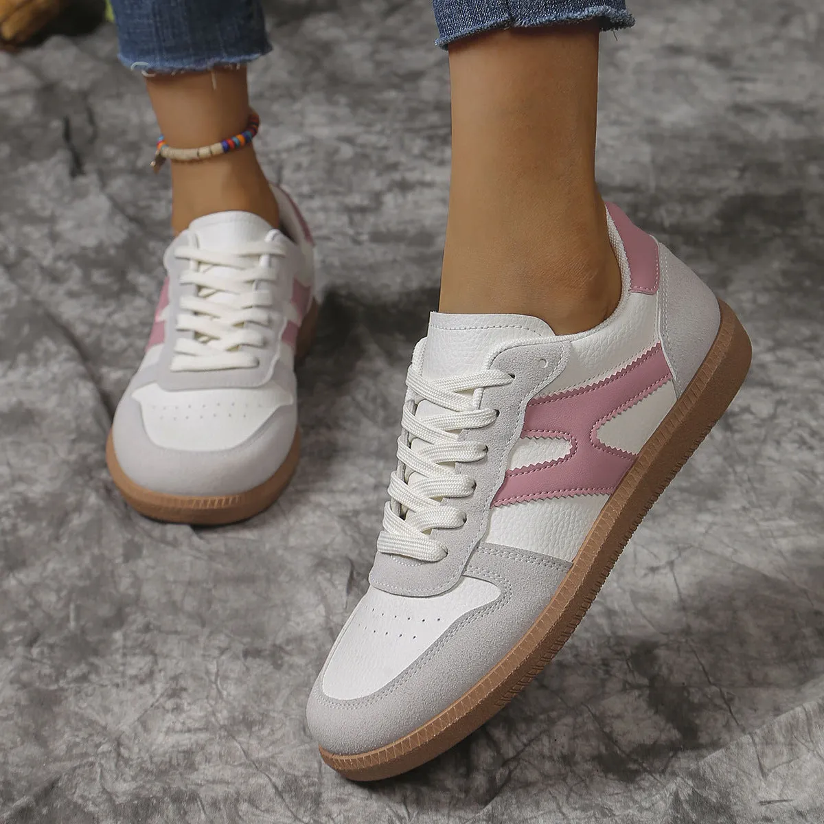 New Colorblock Lace-up Flats Shoes Fashion Round Toe